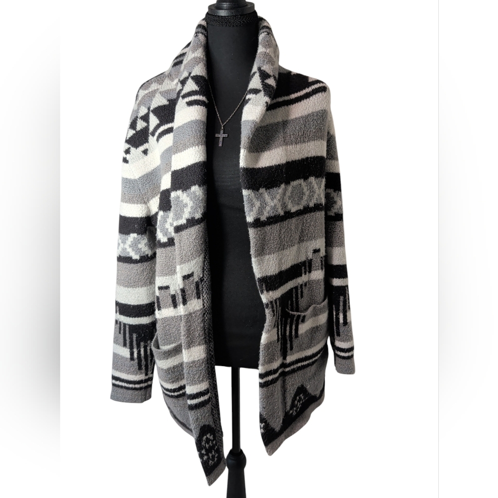 Idyllwind Black Gray Cream Geometric Open-Front Cardigan women's size small
